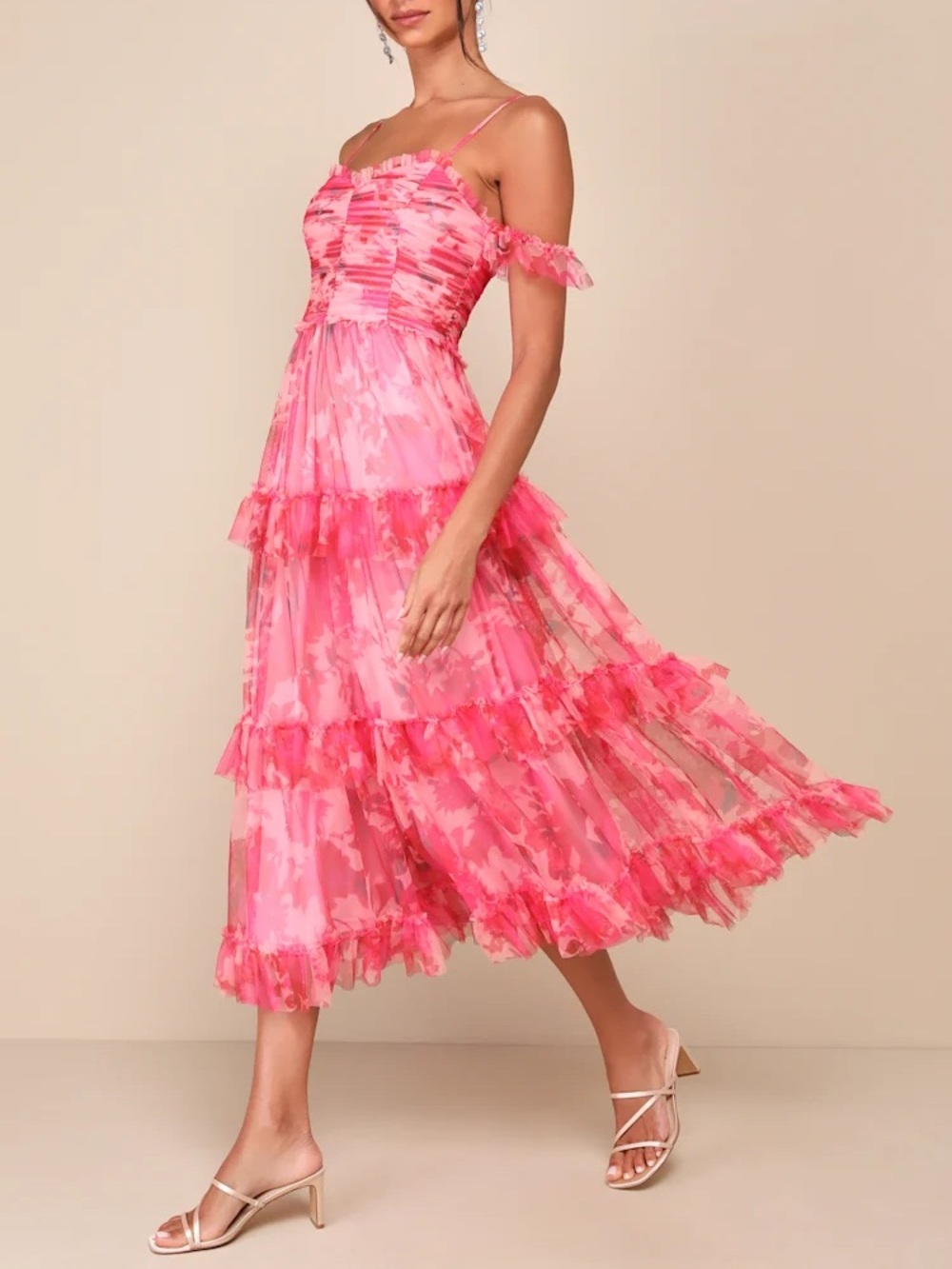 Lulu's Pink Floral Tiered Midi Dress